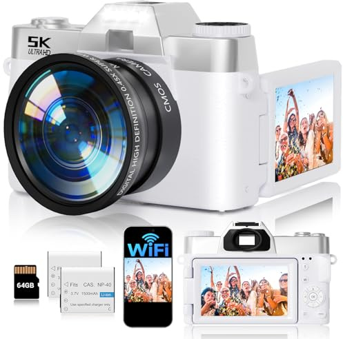 Digital Camera,UHD 75MP 5K for Photography with WiFi,64GB SD Card Vlogging Travel Camera for YouTube,Featuring 3 180°Flip Screen,Suitable for Beginners and Teens,White