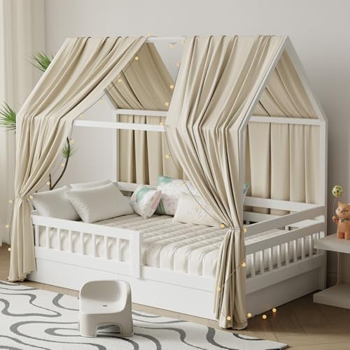 Pacok Hausbett Himmel mit Lichterkette Deko 2 Stück 135 x 350 cm Camel | Baldachin Hausbett Vorhang,Betthimmel Stoffhimmel Hausbett für Mädchen Jungen Kinderbett