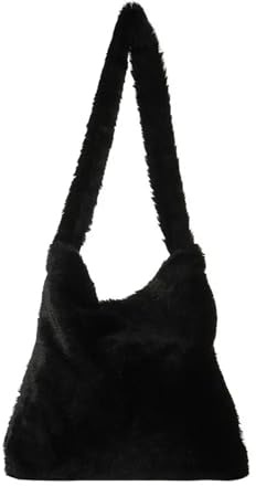 WSQHAO Mini axelväskor för kvinnor vinter plysch underarm fluffig tygväska små plånböcker puffig väska för kvinnor, Svart, En storlek