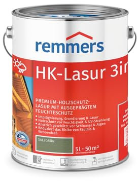 Remmers HK-Lasur 3in1 salzgrün, 5 Liter, Holzlasur aussen, 3facher Holzschutz mit Imprägnierung + Grundierung + Lasur, Feuchtigkeit- und UV-Schutz