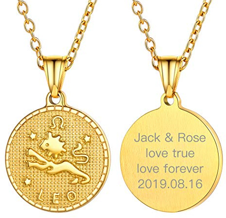 Suplight Collier Femme Fille Personnalisé Chaîne 55cm/2.5mm avec Pendentif Signe Astrologique Lion Doré Bijoux Moderne Cadeau Accessoire Parfait