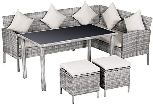 Outsunny Juego de Muebles de jardín de 5 Piezas, Grupo de Asientos de ratán con reposapiés, Metal, Gris, 134 x 60 x 75 cm