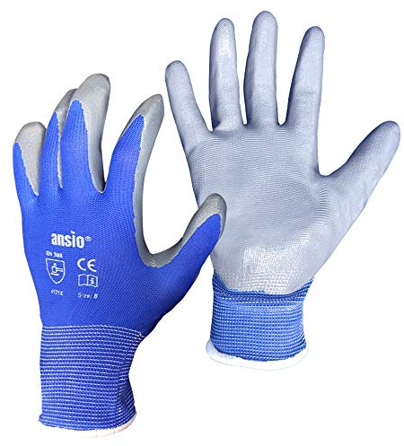 ANSIO Sicherheitshandschuhe mit PU-beschichtetem Nylon, rutschfest, mit sicherem Griff, Blau/Grau, 10 Paar, Größe 9, 10 Paar