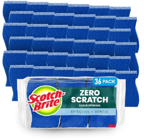 Scotch-Brite Zero Scratch Non-Scratch Scrub Sponges, Sponges for Cleaning Kitchen, Bathroom, and Household, non-scratch Sponges Safe for Non-Stick Cookware, 36 Scrubbing Sponges