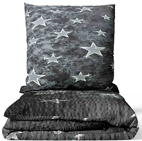 Leonado Vicenti - 4teilig Bettwäsche Seersucker 135x200 cm oder 155x220 cm mit Reißverschluss, Größe:135 x 200 cm, Farbe, Design:Grau Sterne