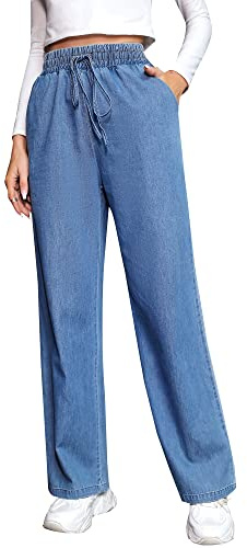 Love Welove Fashion Jeans a Gamba Larga da Donna, Vita Alta con Elastico e Coulisse, Pantaloni Larghi in Denim Plus Size 3XL, L