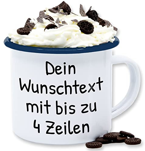 Emaille Tasse Blechtasse - Aufdruck selbst gestalten - Wunschdruck Text Namen I Eigener Custom Text - 300 ml - Weiß Blau - tassen personalisieren wunschtext trinkgeld kaffeetasse namenstasse
