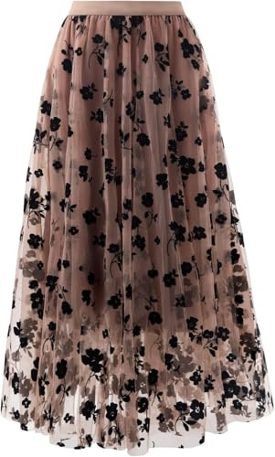 Reaowazo Skirts for Women Midi Long Length Dressy Casual Trendy Summer Tulle A-Line Floral High Waist Skirt Khaki L-XL