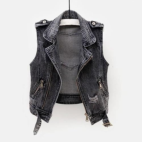 BINDT Ärmellose Jeansweste für Damen, große Größe S-5XL, Punk, schwarz, zerrissen, Gewaschene Jeansweste, Jeans, Reißverschluss, Bandage, Kurze Jeansweste,Grau,L