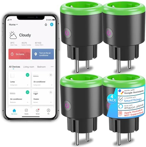 SURFOU Wifi Steckdose 16A, Alexa Smart Plug, Funktioniert mit Alexa, Google Home und SmartThings, App Fernbedienung, Sprachsteuerung, Zeitplan, Stromverbrauch Messen, Nur 2,4GHz WiFi, 4er Pack