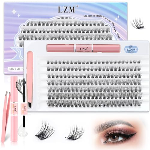 LZM Wimpern Extensions Set 168pcs Lashes Extension Set 8-16mm Diy Lash Extension Set D Curl NatÜRliche DÜnnes Band Cluster Wimpern Set mit Einzelne Wimpern Kleber Bond & Seal (LZ09-D Curl Mix)