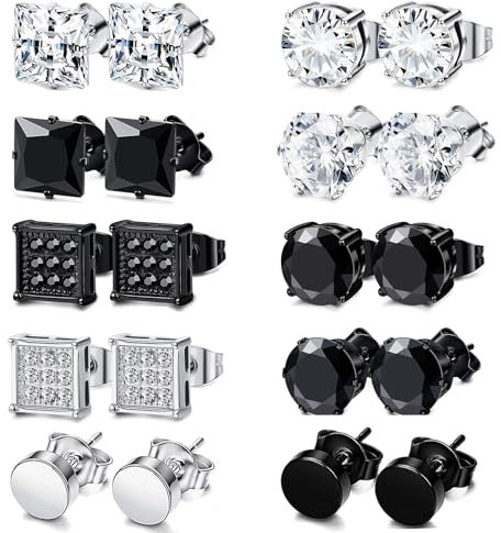 JENCVNL 9-10 Paar Ohrringe Herren, Edelstahl Männer Ohrstecker Silber Schwarz Runde Ohrringe Fake Plugs Ohrring Fake Gauge Ohrring Ohr Piercing für Herren Damen (Silber+Schwarz Set 1-10Paar)