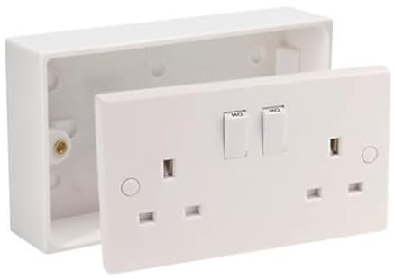 13A Double White Switched Socket Electrical Outlet with Fixing Screws & Double Pattress Back Box Surface Mounted 2 Gang (1, SET with 35mm Box)