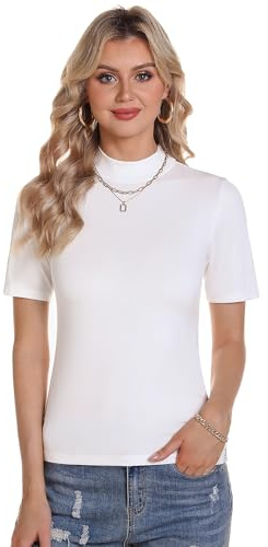 Totatuit Maglietta Donna Manica Corta T-Shirt Elegante Dolcevita Maglietta Top a Collo Alto Lupetto Casual Estiva Pullover di Base Slim Fit Morbida Sexy Bianco S