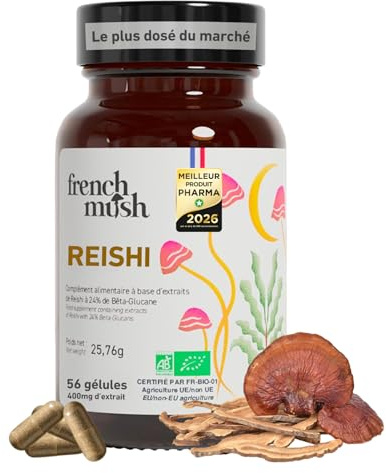 French Mush Reishi Bio 8000 mg - 56 Capsule Vegane | Effetto Rilassante, Sonno Ristoratore, Relax, Ganoderma lucidum, Testato in Laboratorio, Made in France