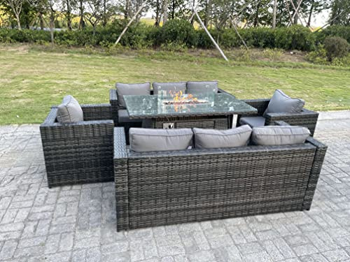 FMSGarden Outdoor Rattan Garden Furniture Gas Fire Pit Table Sets Gas Heater Lounge Chairs Dark Grey 8 Seater