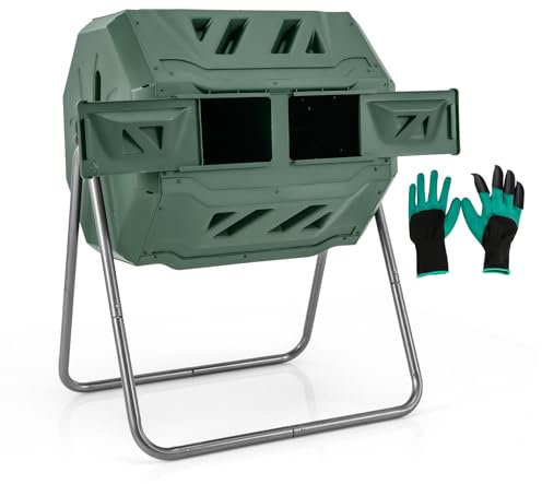 GOPLUS Trommelkomposter, 160L Tumbling Komposter mit 2 Kammern, 2 Schiebetüren, Metallrahmen & 16 Lüftungsschlitze, BPA-frei, Gartenkomposter für Bio- und Garten-Abfälle, inkl. Handschuhe (Grün)