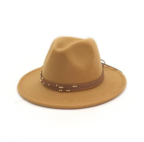 FULUJIDI Fedora Trilby Filzhut Hut Vintage Wide Fedora Hüte Frauen Männer Plain Filz Trilby Panama Cap Klassische Party Hochzeit Kirche Hüte 59 To60Cm Kamel