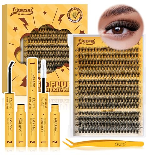 QUEWEL Kit-Extension-Cils, 3D Fluffy Faux Cils with 280PCS 30+40+50D Extension Cils Mixed 10-16mm Cils Individuels, Lash Bond and Seal, et Pince Cils Facile DIY à la Maison(3D 30+40+50 KIT)