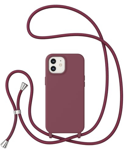ZTOFERA Crossbody Lanyard Case for iPhone 12/12 Pro, Liquid Silicone Protective Phone Case with Strap Adjustable Neck Cord Necklace Soft Cover, Wine Red