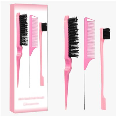xiangwenlan Pink Comb Set 3 piece, Slick Back Brush with Edge, styling comb for kids for middle part，Rat Tail Comb, Teasing Set for Smoothing brush Baby Hair