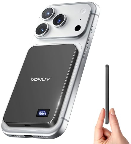 VONUV Magnetic Portable Charger 5000mAh, 15W Ultra Slim Wireless Portable Charger, Fast Charging for iPhone 17/16/15/14/13/12 Pro/Pro Max/Plus, Metal Shell, USB-C Cable to Charge Other Phones (Grey)
