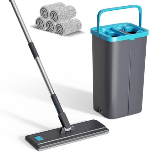 Eukue Mocio Lavapavimenti, Set di Mop Piatti Con Manico Regolabile in Acciaio Inox, Mocio Professionale a Secchio Con 6 Teste di Mop in Fibra, Adatto per Piastrelle, Pavimenti in Laminato, Grigiastro