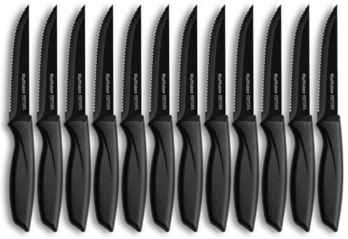 Ruffulon Steak Knives Set of 12,Serrated Edge Stainless Steel Table Knives,Ultra-Sharp Steak Knife with Ergonomic Handles,Black Kitchen Knife Set for Home/Restaurant,Dishwasher Safe,Rust-Proof