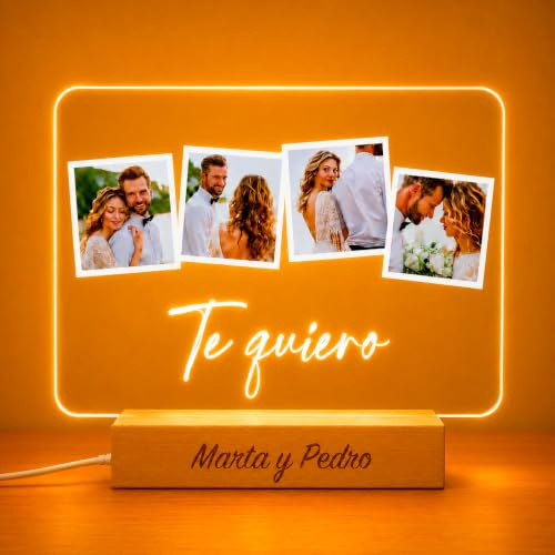 Transparent Gift Lampara Personalizada con 4 Fotos y Mensaje – Placa Metacrilato con Luz LED y Base Madera USB – Regalo Cumpleaños, Boda, Aniversario y San Valentín