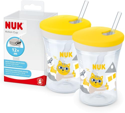 NUK Action Cup Trinkbecher für Kinder im praktischen Doppelpack | 12+ Monate | 230 ml | Drehdeckel mit weichem Strohhalm | auslaufsicher | BPA-frei | gelb | 2 Stück