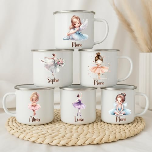 wolga-kreativ Emaille Tasse Balerina personalisiert mit Namen - Robuste Kinder Tassen, BPA-frei, Spülmaschinenfest Kinder Becher - Personalisierte Geschenke Baby Zur Taufe, Geburt, Weihnachten