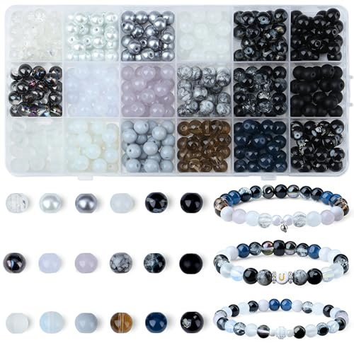 8mm Schwarze Perlen für Armbänder | AWARDSEN 360 Stück Glasperlen für Armbänder Bunt Perlen Zum Auffädeln Bastelperlen DIY Machen Beads für Schmuck Basteln