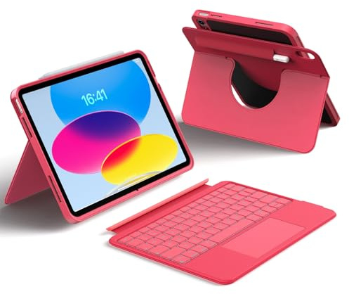 HOU 360° Drehbare & Abnehmbare Hülle mit Tastatur für iPad A16 11/10, 155° Verstellbarer Ständer, Halter für Apple Pencil/Stylus, Multi-Touch Trackpad, 7-Farbige Hintergrundbeleuchtung, QWERTZ