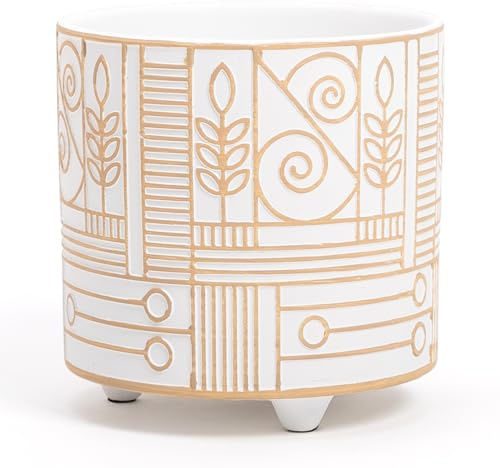 Elegante maceta de terracota, color blanco con dibujos abstractos decorativos | D. 13,5 cm – H.13,5 cm | Maceta para plantas, flores, bonsái, suculentas, Sansevieria | Maceta de interior moderna (Ø