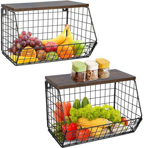 Corbeille a Fruit, 2 Etages Panier a Fruit, Organiseurs de Cuisine Basket avec Couvercle en Bois , 4Pcs Panier Empilable et Montable au Mur pour Rangement Collations et Légumes (Noir-4Pcs, 30x20x21cm)