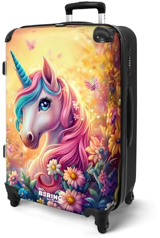 NoBoringSuitcases© Koffer Kinder Groß Kinderreisekoffer Kinderkoffer mit | 67x43x25 cm - Roller Leicht Trolly Große M Hartschalenkoffer Kind Einhorn - Bunt - Blumen