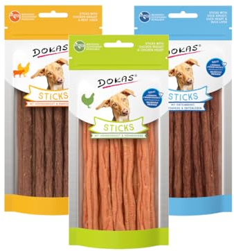 Dokas Dog Snack Sticks 3 x 60g Bundle | Hühnerbrust & Hühnerherz | Entenbrust, Entenherz & Entenleber | Hühnerbrust & Rinderleber | Getreidefrei, mit natürlichem Kollagen | Gelenkunterstützend
