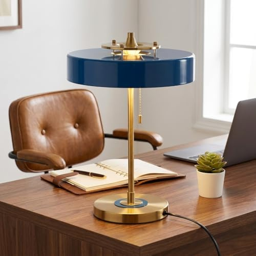Lámpara de mesa GADSBY. Estilo Clásica y Elegante, detalles dorados y pantalla disco Azul. Lámpara escritorio retro vintage | 3x E27. Lámpara decorativa para mesitas, zonas de lectura, salón