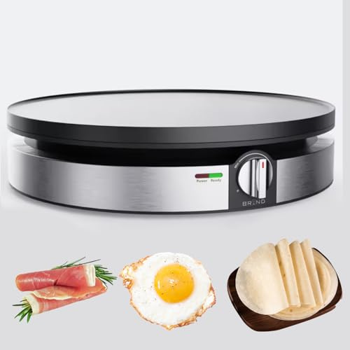 Crêpière électrique avec contrôle thermostatique, bouton rotatif mécanique et rangement du câble pour une préparation facile des crêpes, steaks, poulets et pizzas