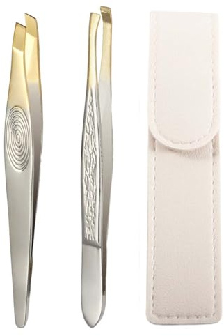 MKEAWWU Wimpernzange Profi-Set, 1 Lederetui + 2 Pinzetten (flach & schräg), halbvergoldet, 9cm lang, Edelstahl