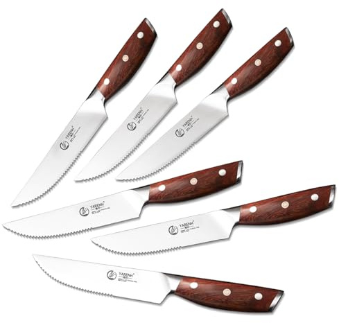 YARENH Steakmesser Set 6-tlg, Hochwertiges Deutsche Edelstahl 1.4116 Steak Messer, Ergonomischer Natürlicher Holzgriff, Tafelmesser mit Premium Geschenkbox, Wellenschliff Steakbesteck Set