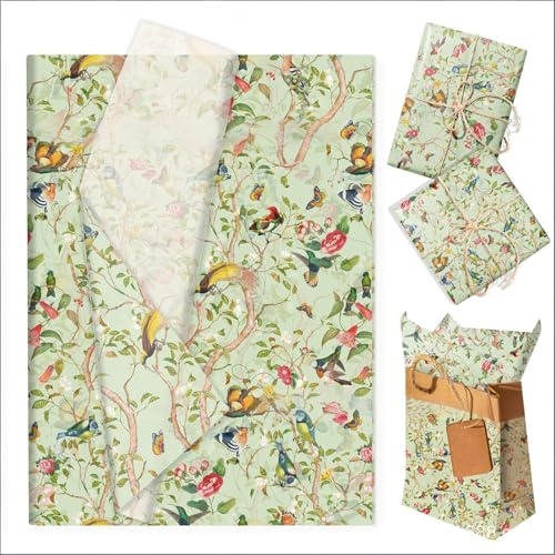 50 Blatt Seidenpapier Vintage Blume, Grün Seidenpapier Verpackungsmaterial, 50*35cm Geschenkpapier Hochzeit, Geschenkpapier für Blumenstrauß,Vintage Vogelmuster, für Muttertags,Valentinstag (Farbig 1)