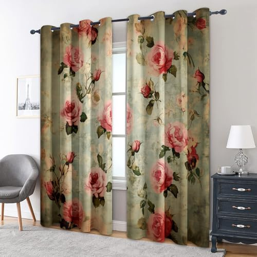 Pink Rose Curtains Blackout, 90x90 Inch 2 Panels - Elegant Vintage Floral Pattern Black Out Curtains, Home Decor, 90 Drop Eyelet Window Drapes for Bedroom, Living Room NO&67
