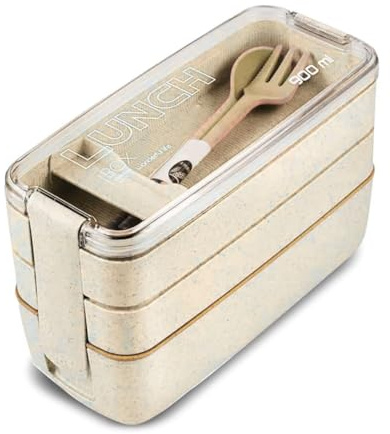 BED TIME UK BTU Bento Lunch Box with Cutlery | 3-Compartment Japanese Lunch Container | Portable, Leakproof, Microwave & Dishwasher Safe | Stackable Food Storage Box for Kids & Adults (Cream)