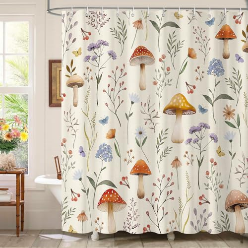 Dazzlewall Colourful Mushroom Shower Curtain 180 x 180 cm, Boho Floral Leaves Botanical Herbs Rustic Shower Curtain for Bathroom, Waterproof Mould Resistant Fabric with 12 Hooks