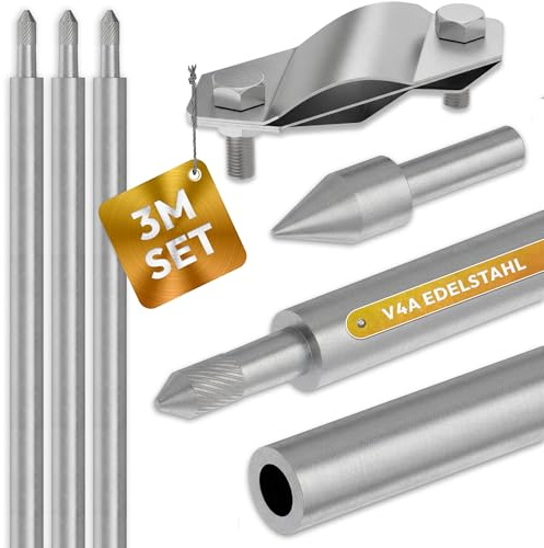 LAINFELD Tiefenerder 3 Meter Komplettset | Ø20mm V4A Edelstahl | Erdungsspieß Erdung Kreuzerder Staberder 3m Erdnagel Erder Tieferder Erdspieß