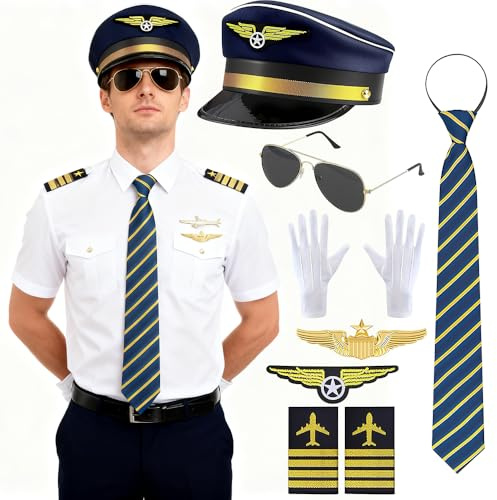 Afenau Pilot Kapitän Kostüm Zubehör, 9 Stück Pilot Kostüm Kit mit Pilotenmütze, Schulterklappen Streifen, Abzeichen, Medaille, Sonnenbrille, Krawatte, Handschuhe für Party- und Karnevalskostüme
