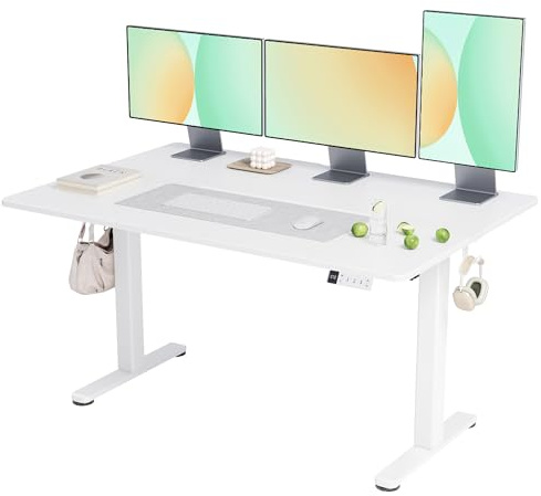 Claiks Schreibtisch Höhenverstellbar Elektrisch, Höhenverstellbarer Schreibtisch 140x70 cm, Standing Height Adjustable Desk, Weiß Gestell/Weiß Oberfläche