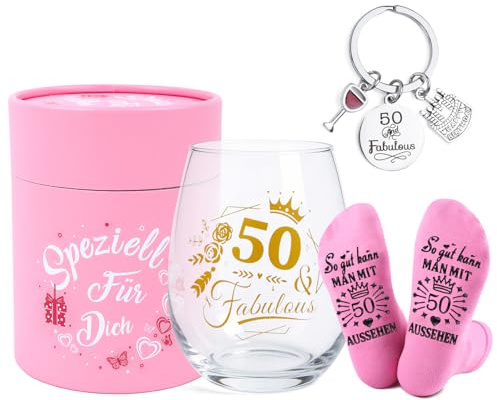 Aitsite 50. Geburtstag für Frauen – „50 & Fabulous“ Geschenkset mit Lustig Socken Weingläser & Schlüsselanhänger, Personalisierte Geburtstagsgeschenk Geschenkideen für Mama Schwester Kollege 450ml