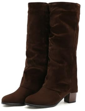 Botas Altas Hasta La Rodilla Para Mujer, Elegantes Botas De Caña Alta De Ante Con Diseño Plisado Y Tacón Bajo Cuadrado Cómodas Botas Vestir De Punta Redonda Para Otoño E Invierno,Marrón,41 EU